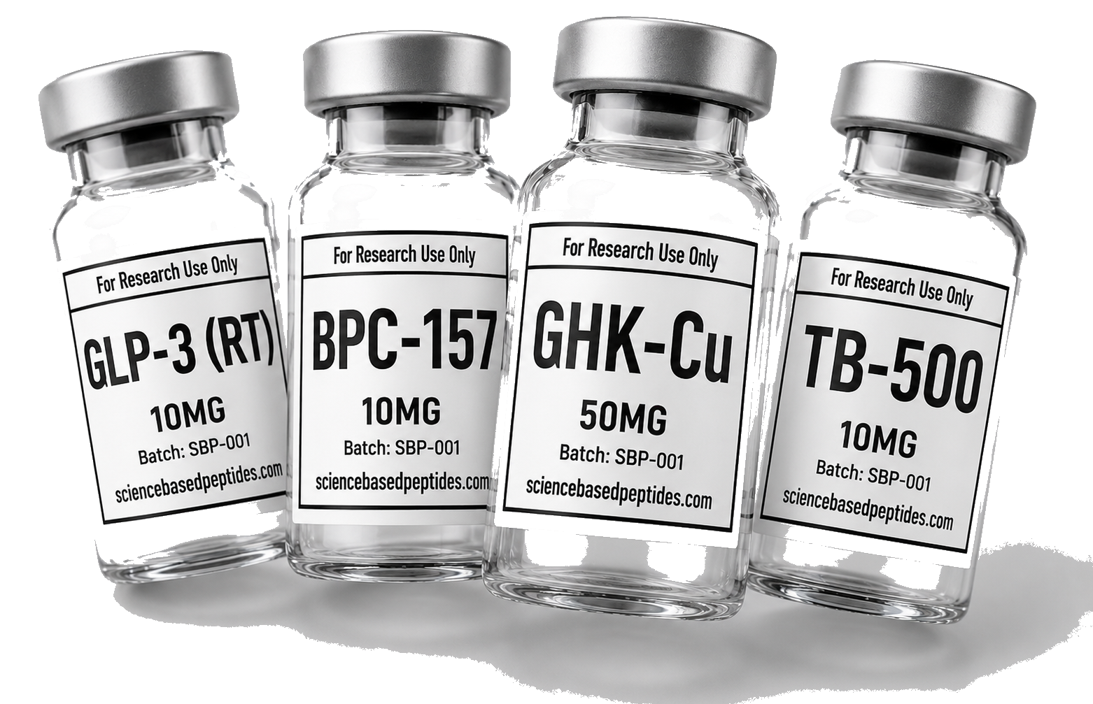 Research peptide vials — GLP-3 (RT), BPC-157, GHK-Cu, and TB-500
